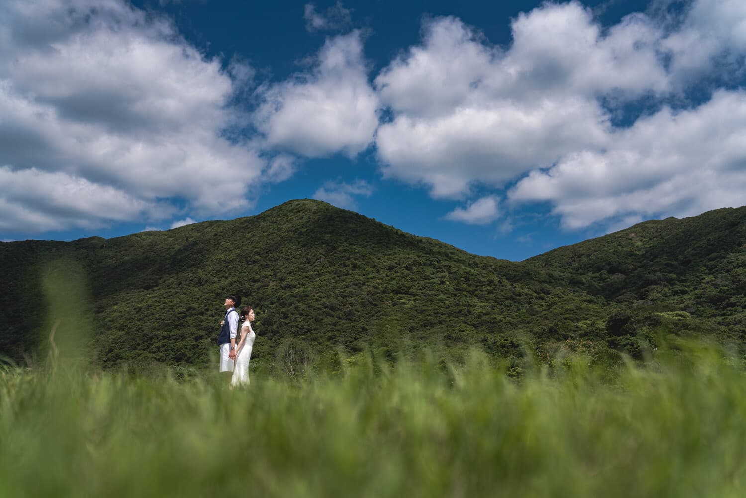 西表島の山を背景に背中合わせで立つ新郎新婦