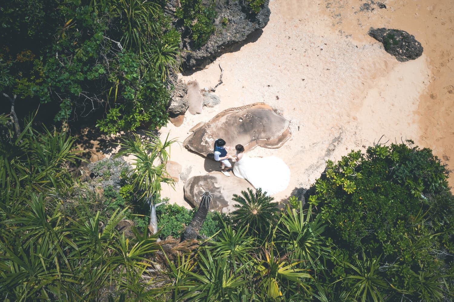 ビーチに立つ新郎新婦を頭上から写したドローン写真