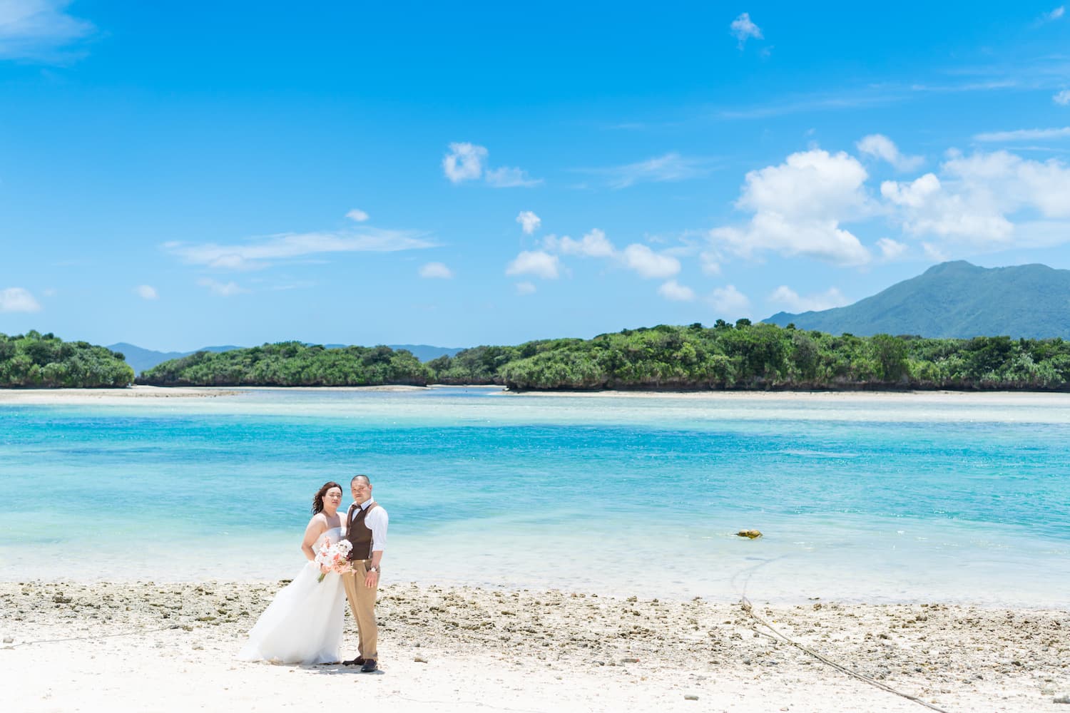 浜辺に立つ新郎新婦