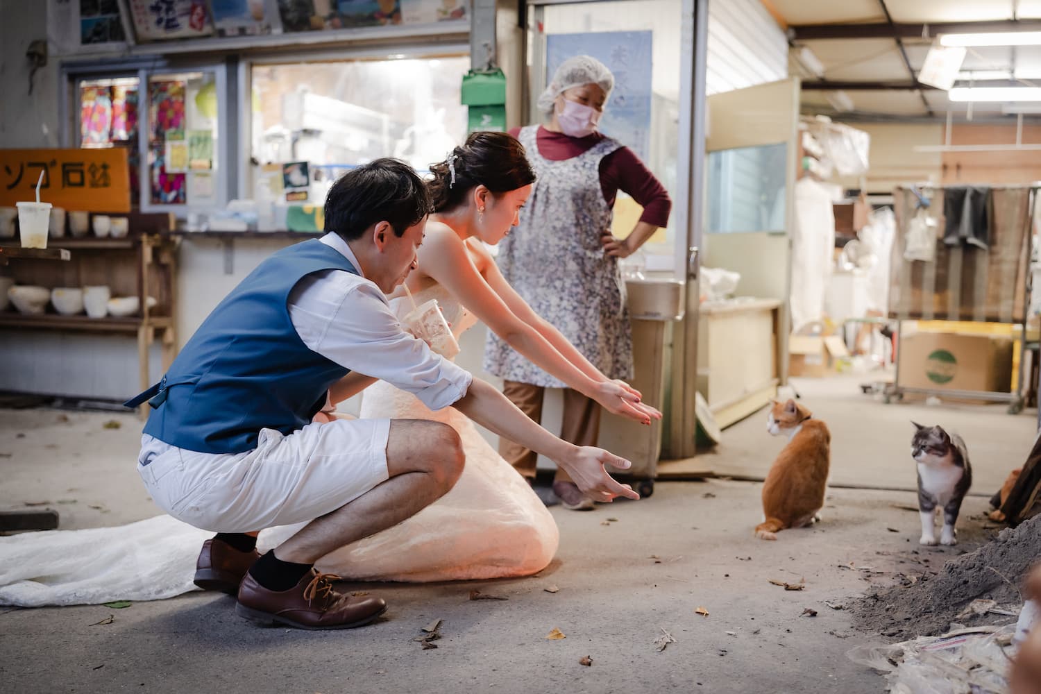 石垣島の猫と遊ぶ新郎新婦