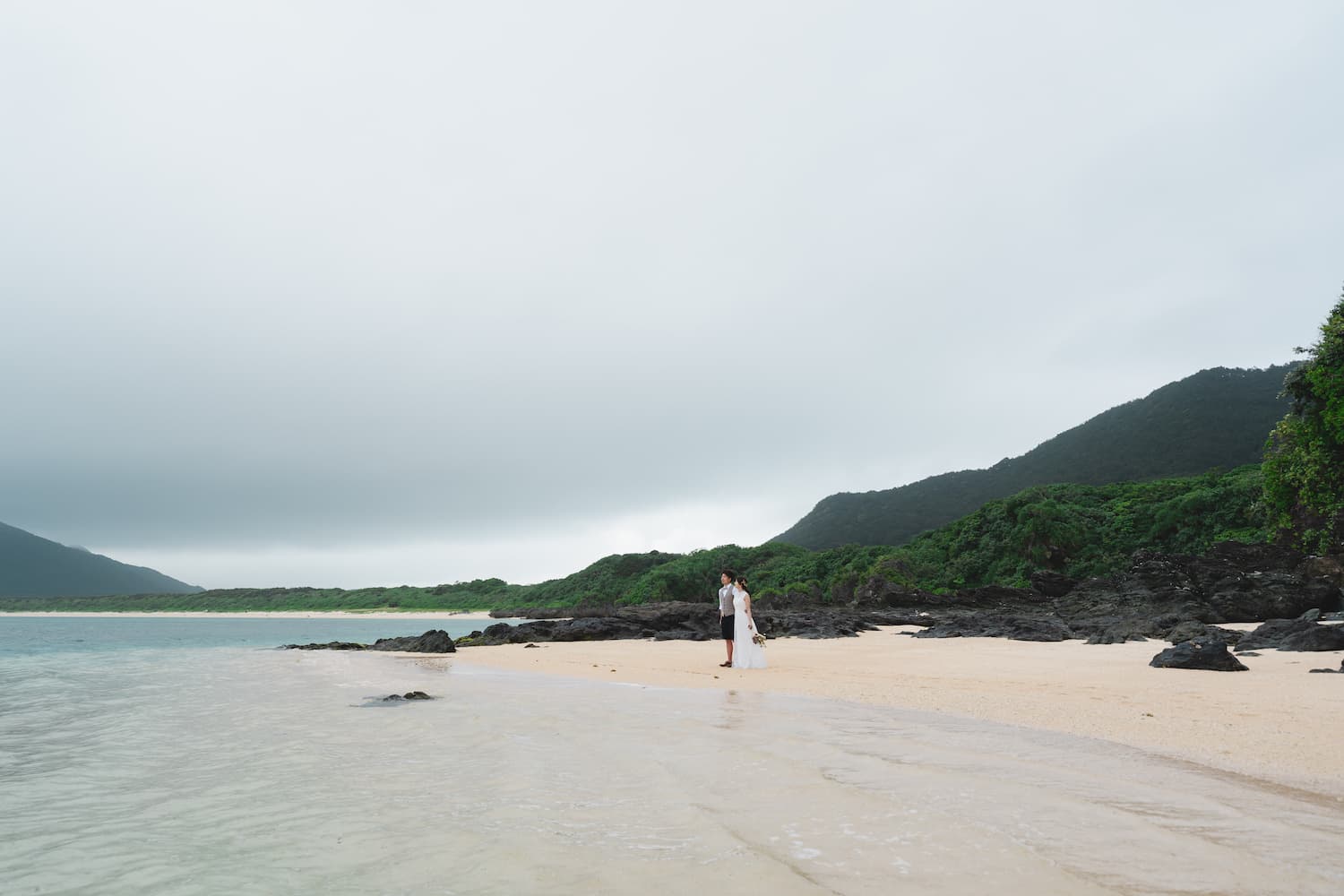 ビーチに立って海を眺める新郎新婦