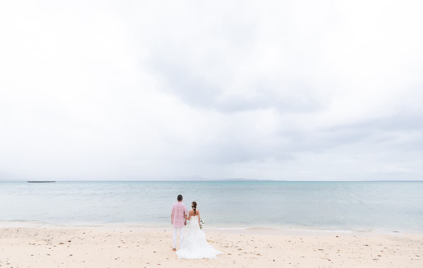 海を眺める新郎新婦の後ろ姿