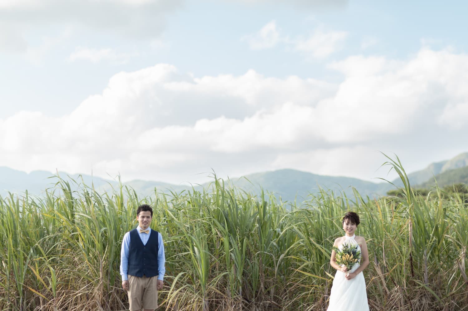 西表島のさとうきび畑を背景に立つ新郎新婦