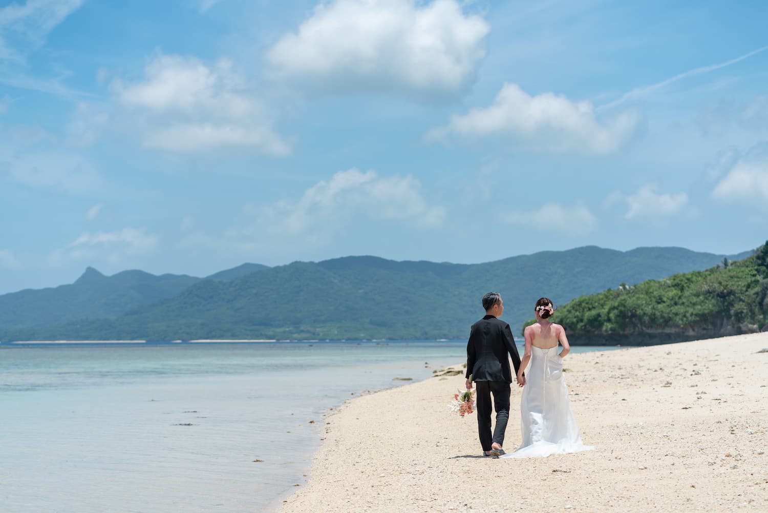 浜辺を歩く新郎新婦の後ろ姿