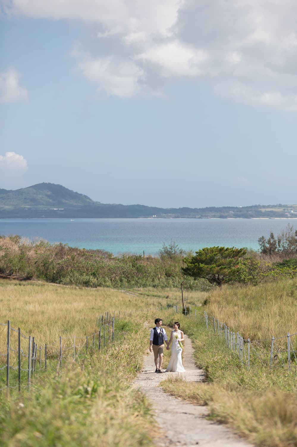 海が見える小道に立つ新郎新婦