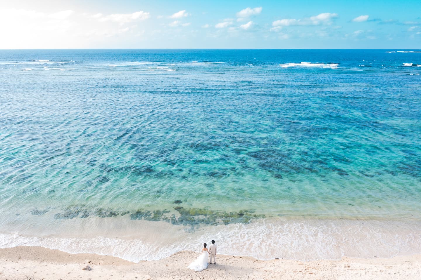 浜辺に立つ新郎新婦のドローン写真