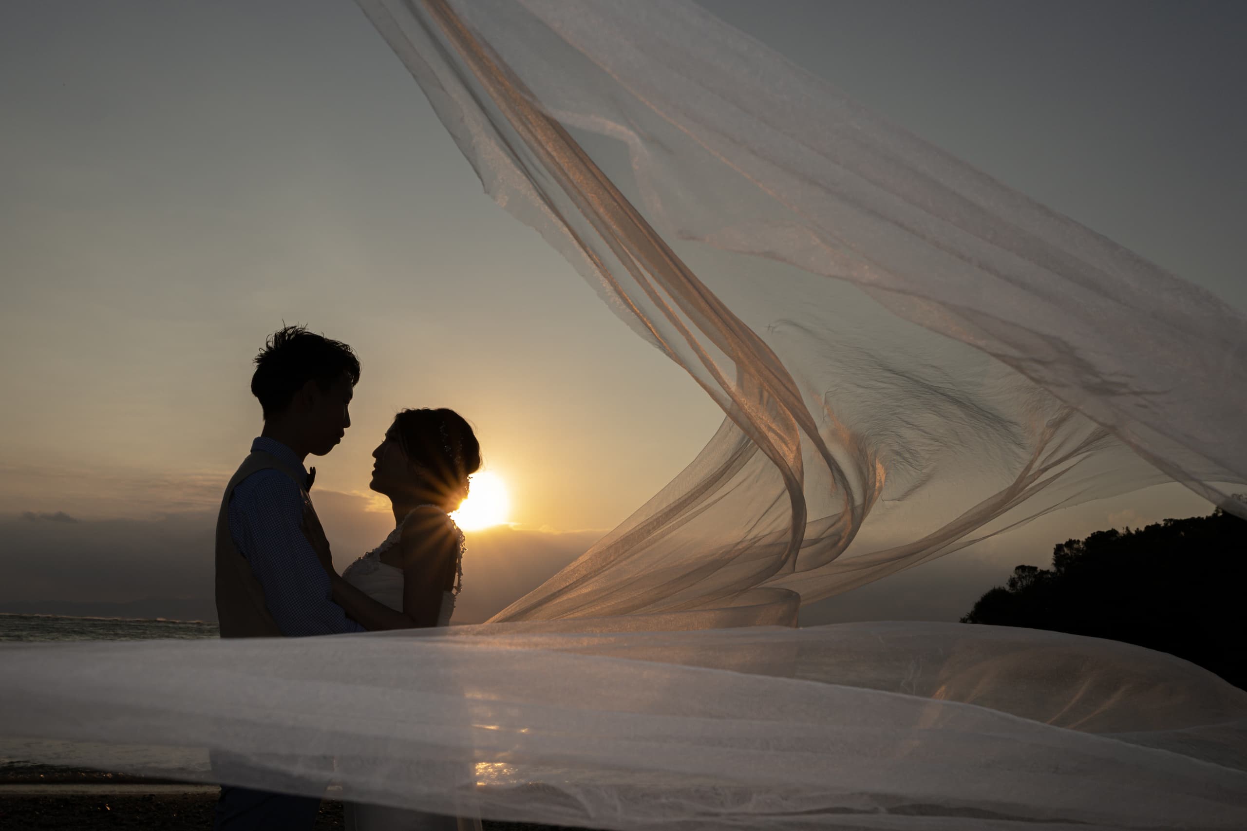 夕焼けを背景にベールに包まれて見つめ合う新郎新婦のシルエット