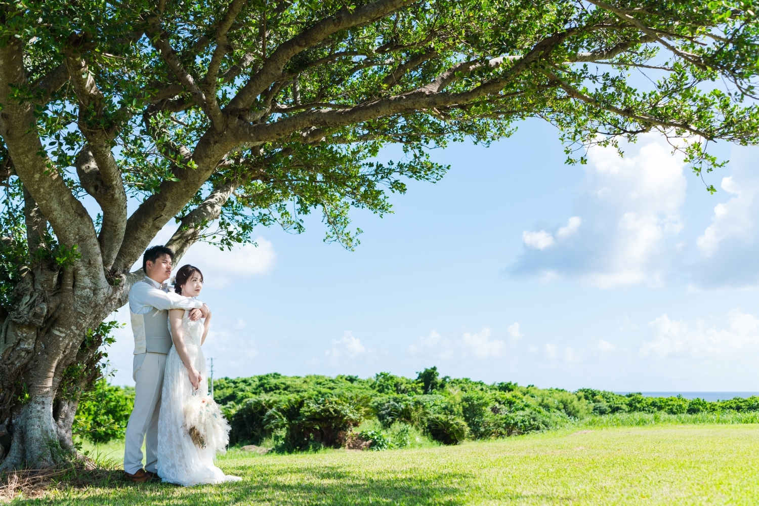 西表島の緑を背景に新婦を後ろから抱きしめる新郎